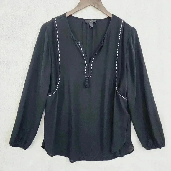 J. Crew Chiffon Long sleeve Blouse Size 6 Braided Crewneck slit 2729P - Picture 1 of 7
